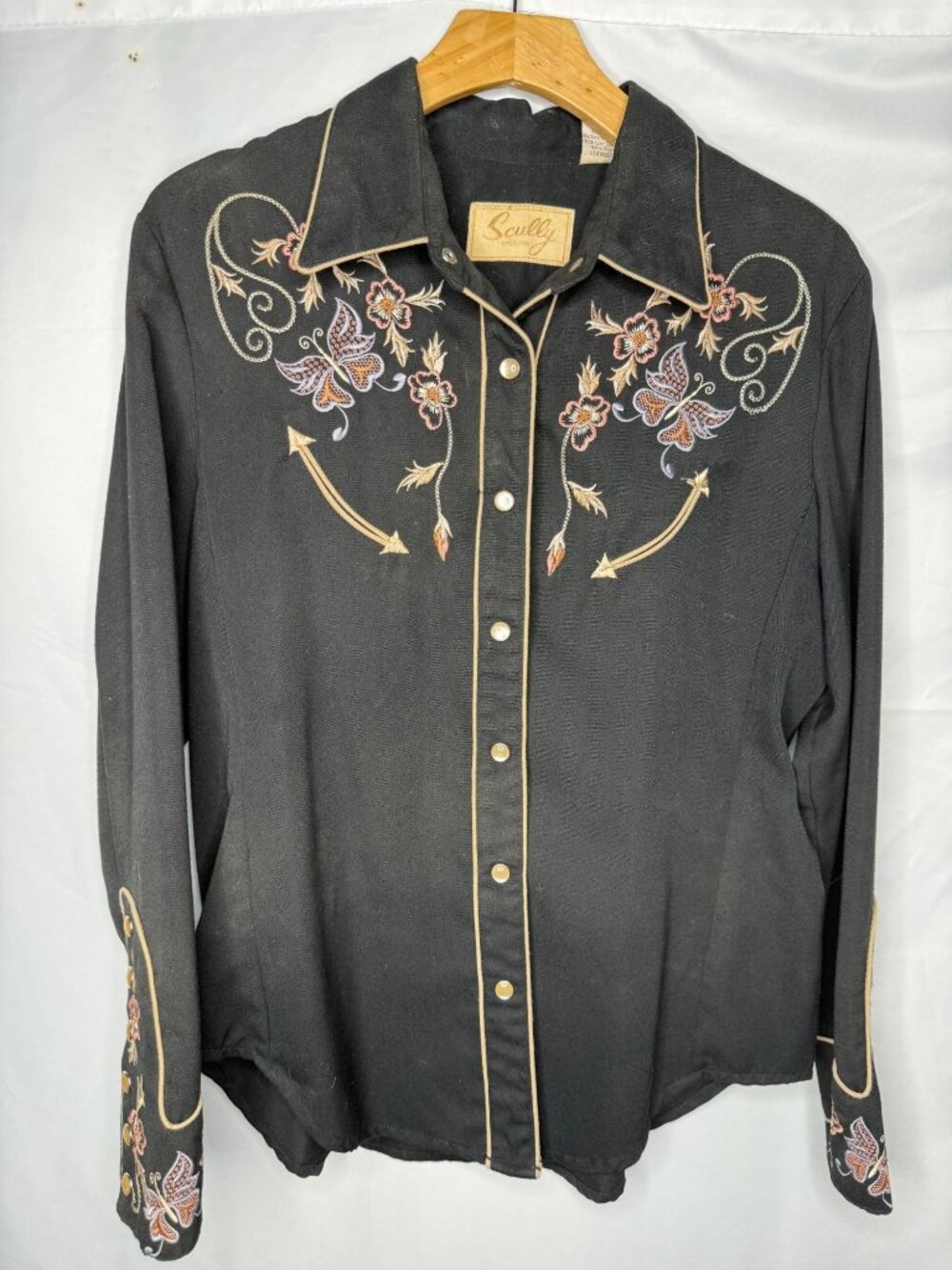 Scully Pearl Snap Shirt Embroidered Western Floral Butterfly Black